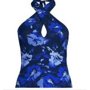 NWT Lands End Floral Halter Tankini Top Sz 12 Navy Blue Aqua Padded Swim Womens